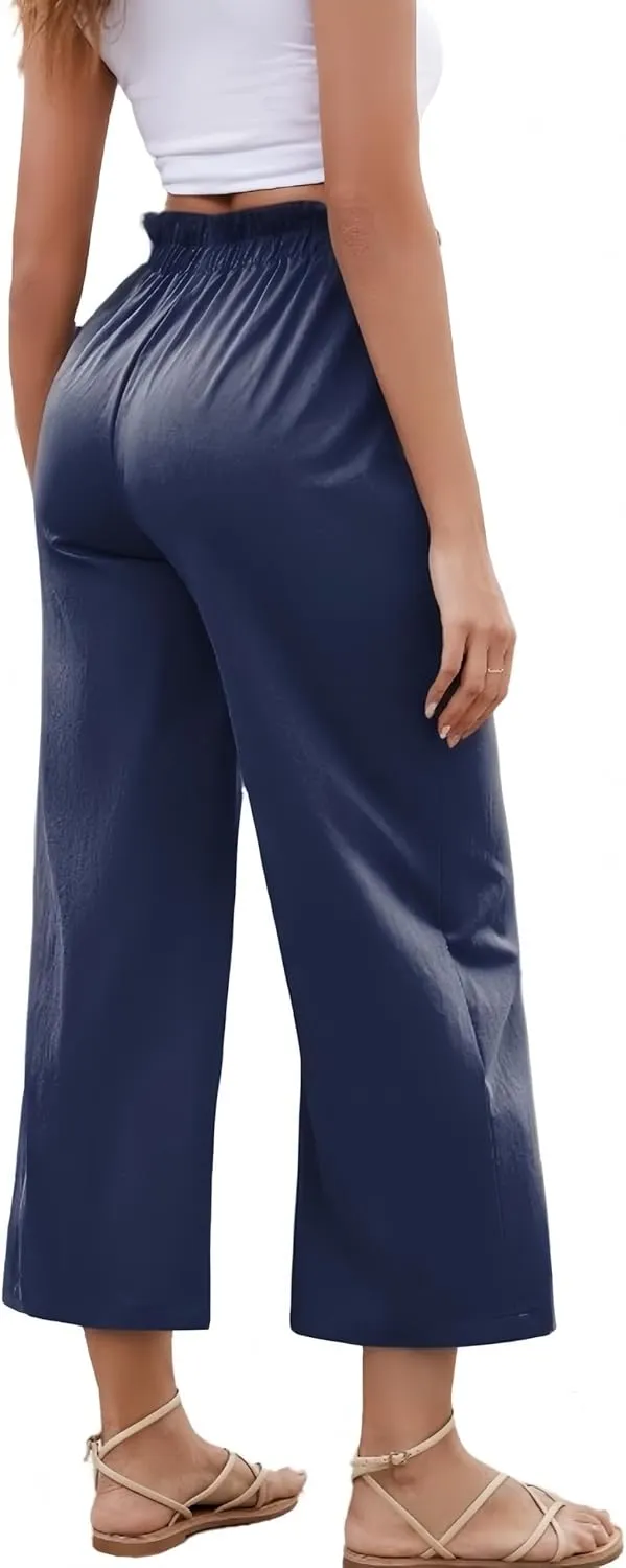 Women's Casual High Waisted Pants Self-tie Belted Lounge Pants Straight Long Trousers with Pockets