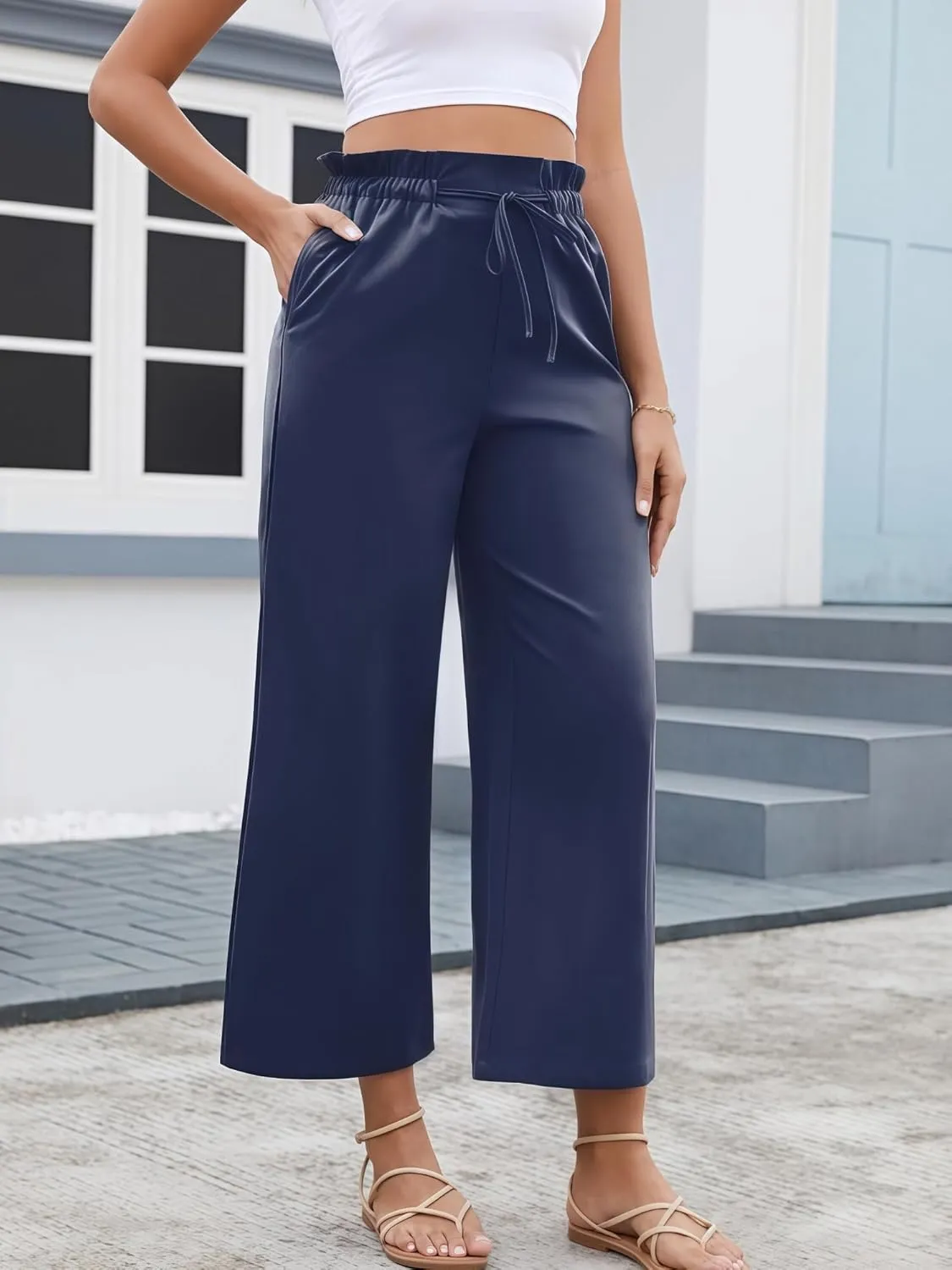 Women's Casual High Waisted Pants Self-tie Belted Lounge Pants Straight Long Trousers with Pockets