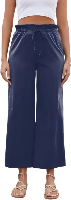 Women's Casual High Waisted Pants Self-tie Belted Lounge Pants Straight Long Trousers with Pockets