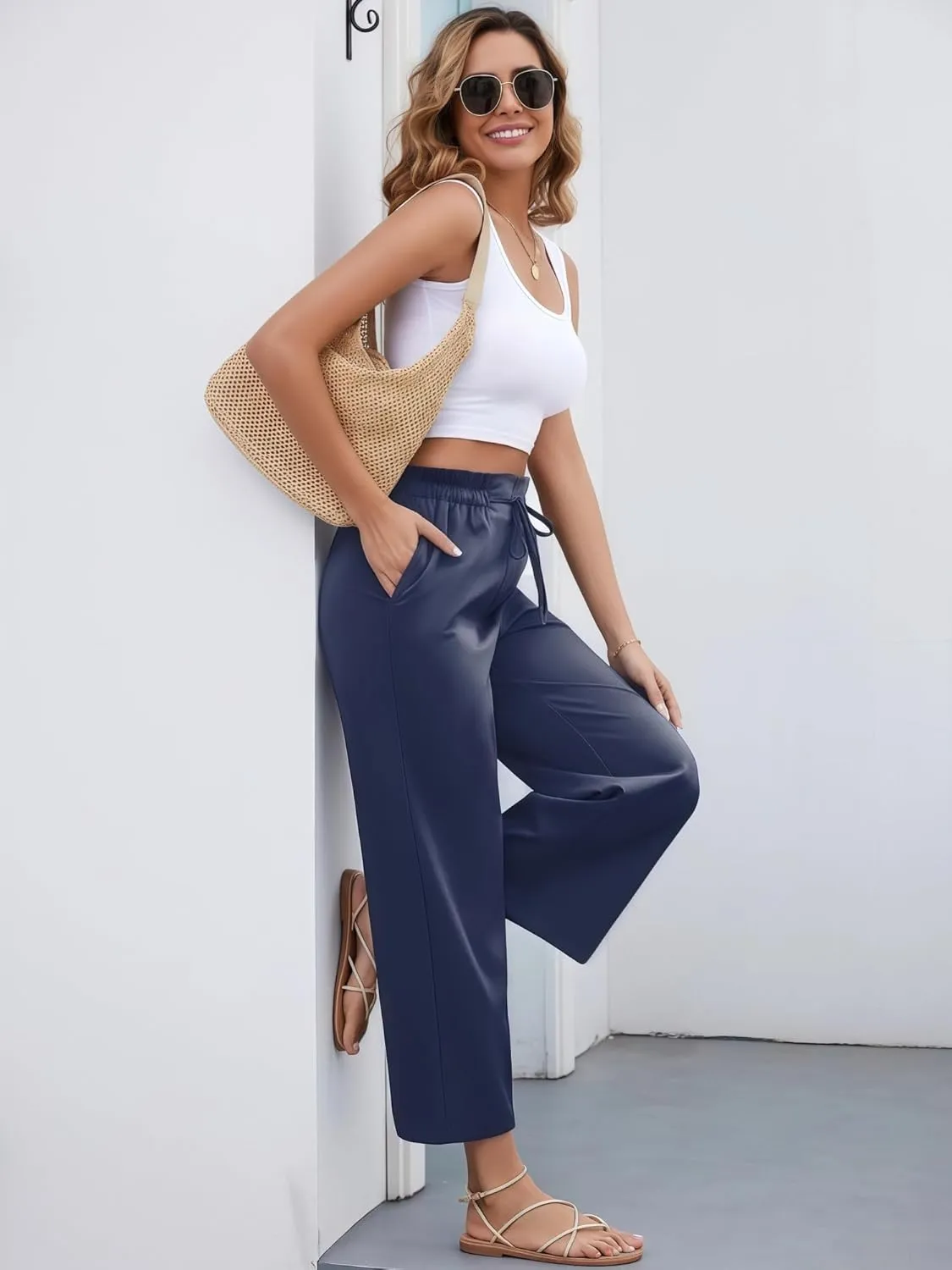 Women's Casual High Waisted Pants Self-tie Belted Lounge Pants Straight Long Trousers with Pockets