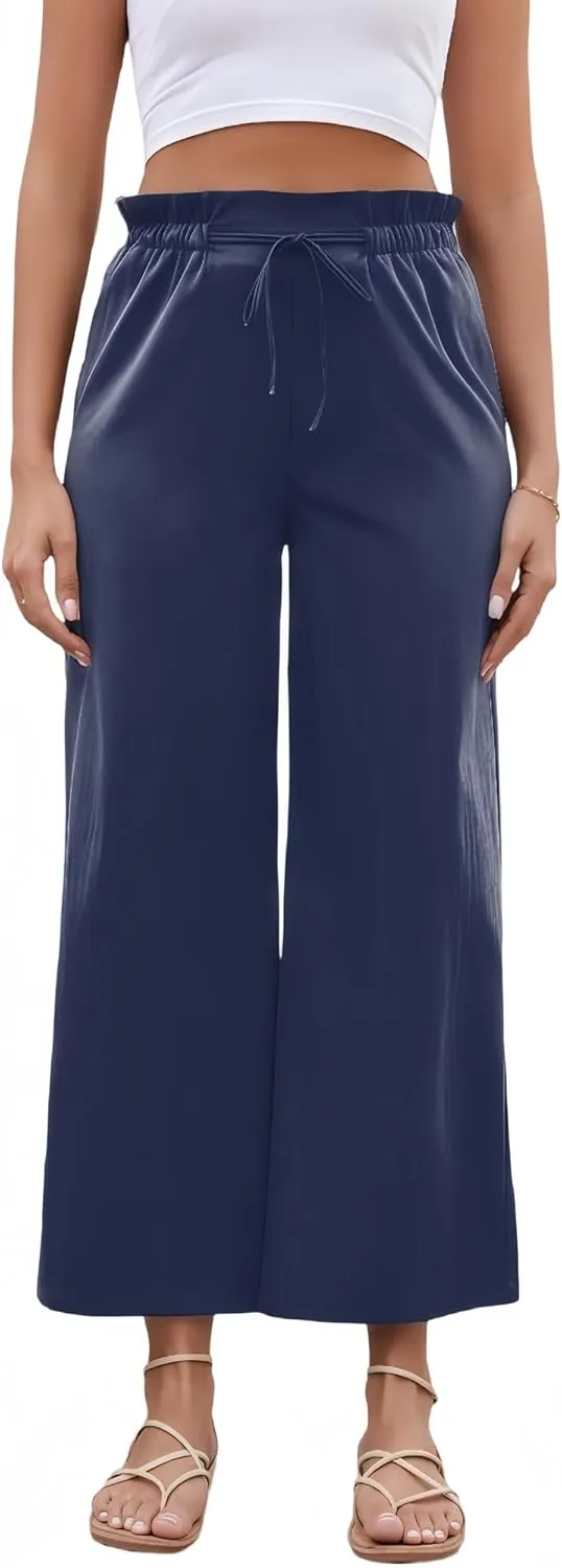Women's Casual High Waisted Pants Self-tie Belted Lounge Pants Straight Long Trousers with Pockets