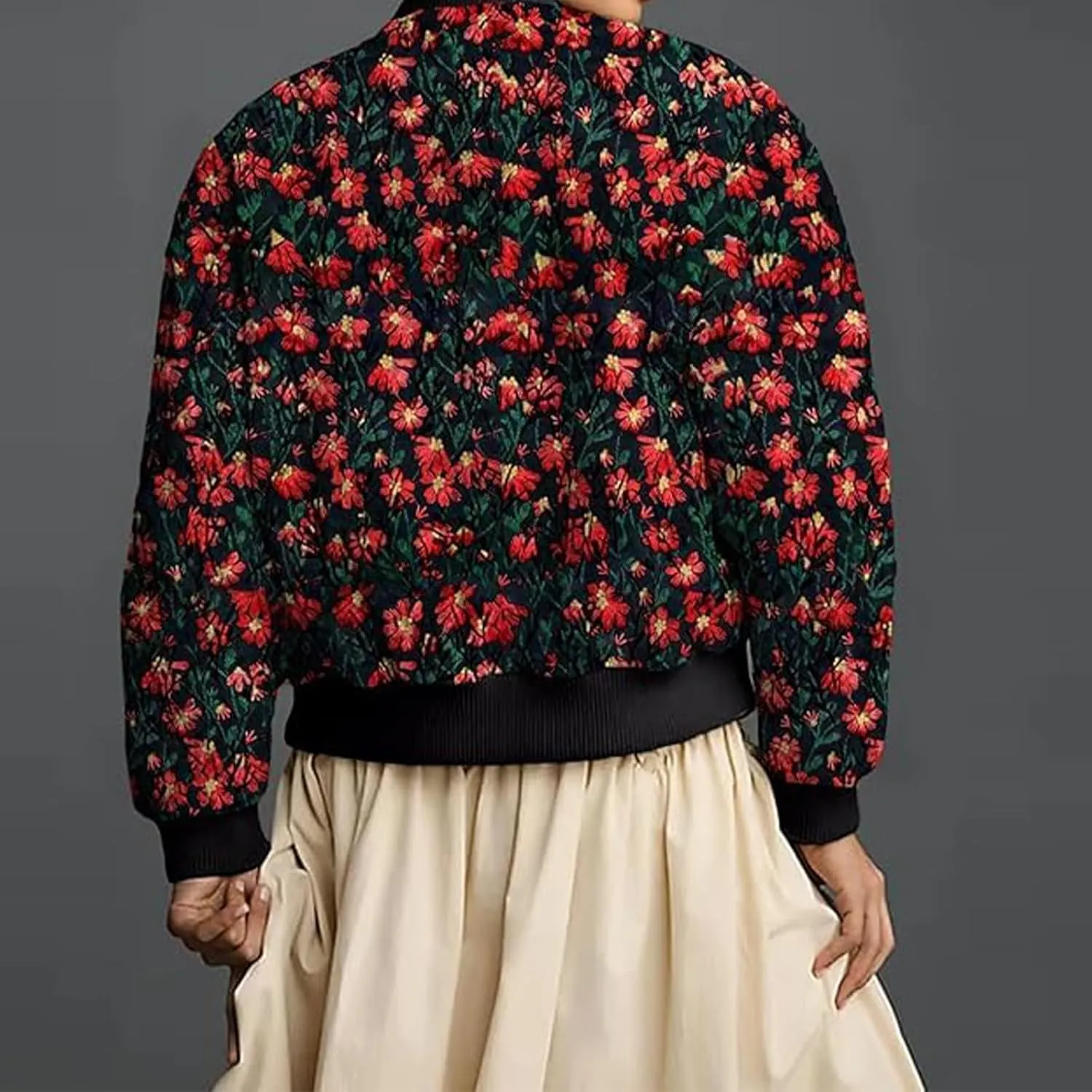 Women's Daisy Printed Bomber Jackets Zip Up Long Sleeve Cropped Coat Fashion Retro Padded Outerwear with Pockets