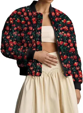 Women's Daisy Printed Bomber Jackets Zip Up Long Sleeve Cropped Coat Fashion Retro Padded Outerwear with Pockets