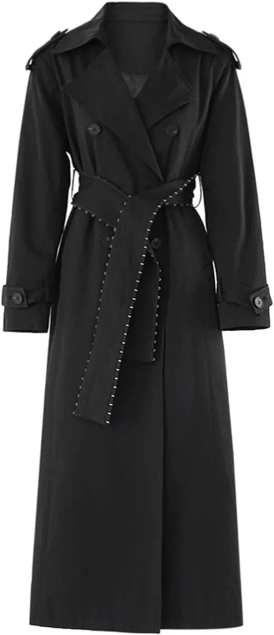 Women's Lapel Long Sleeve Belted Plus Size Long Trench Windbreaker Coat Adjustable Waist Loose Outerwear