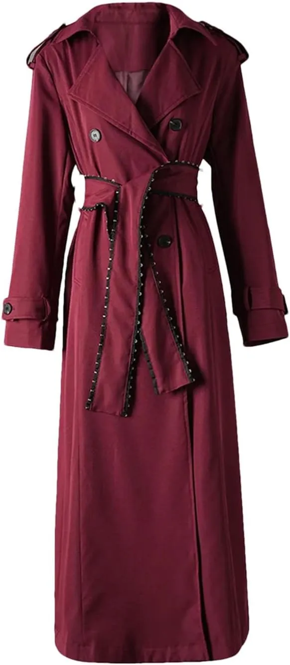 Women's Lapel Long Sleeve Belted Plus Size Long Trench Windbreaker Coat Adjustable Waist Loose Outerwear