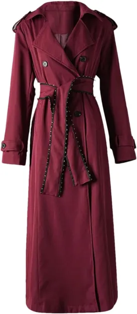 Women's Lapel Long Sleeve Belted Plus Size Long Trench Windbreaker Coat Adjustable Waist Loose Outerwear