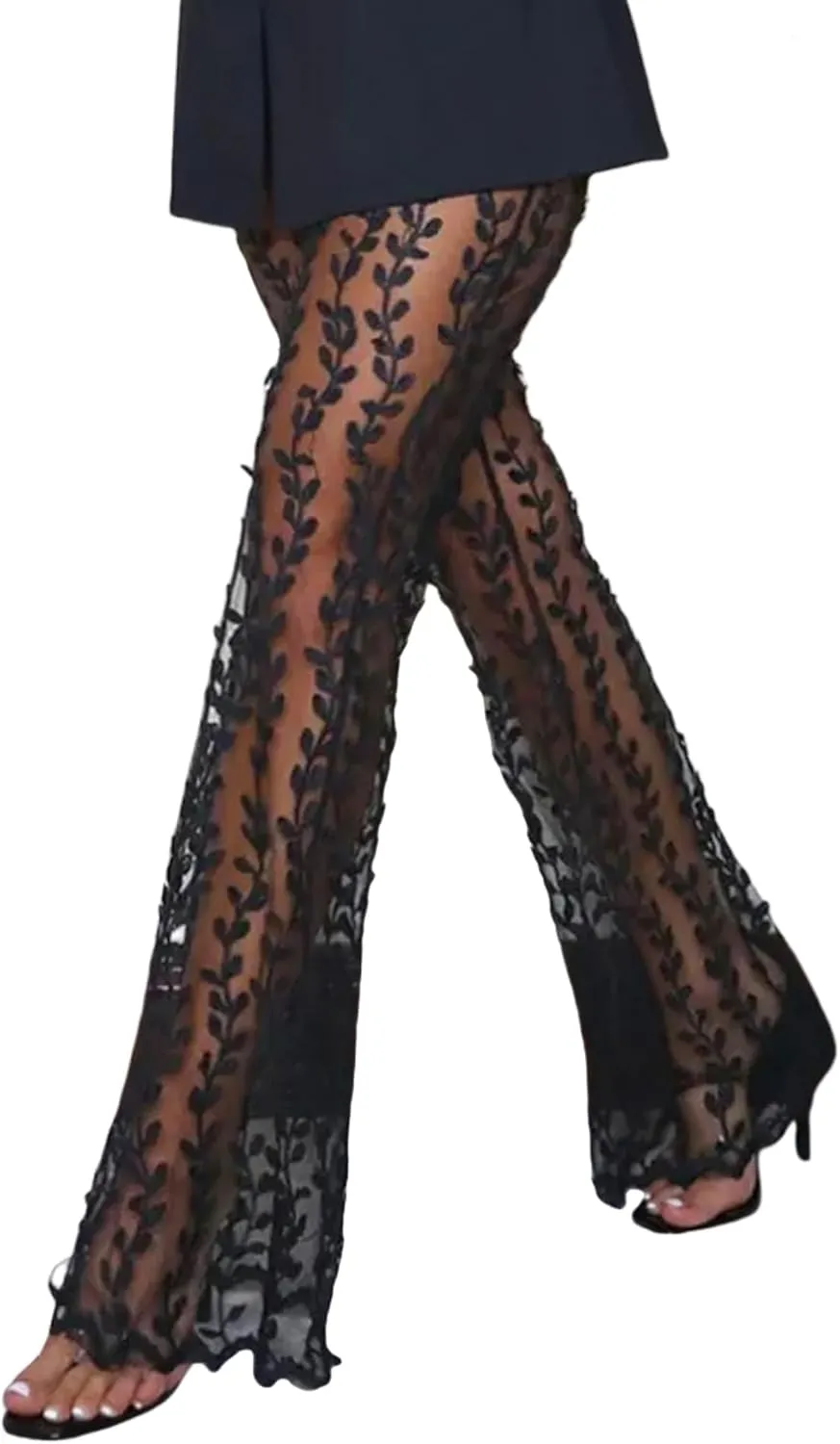 Women's Sexy See Through Sheer Mesh Pants Lace Transparent Straight Wide Leg Pants