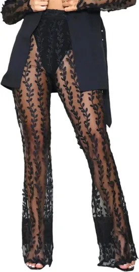 Women's Sexy See Through Sheer Mesh Pants Lace Transparent Straight Wide Leg Pants