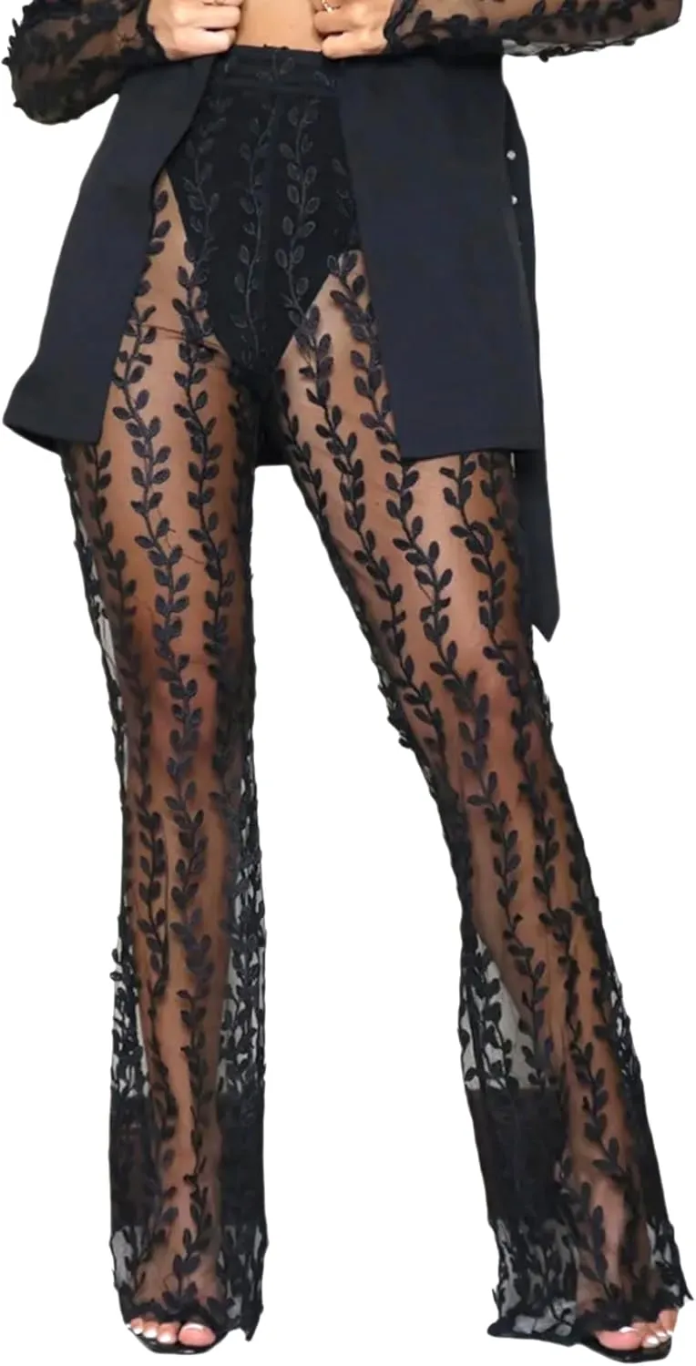 Women's Sexy See Through Sheer Mesh Pants Lace Transparent Straight Wide Leg Pants
