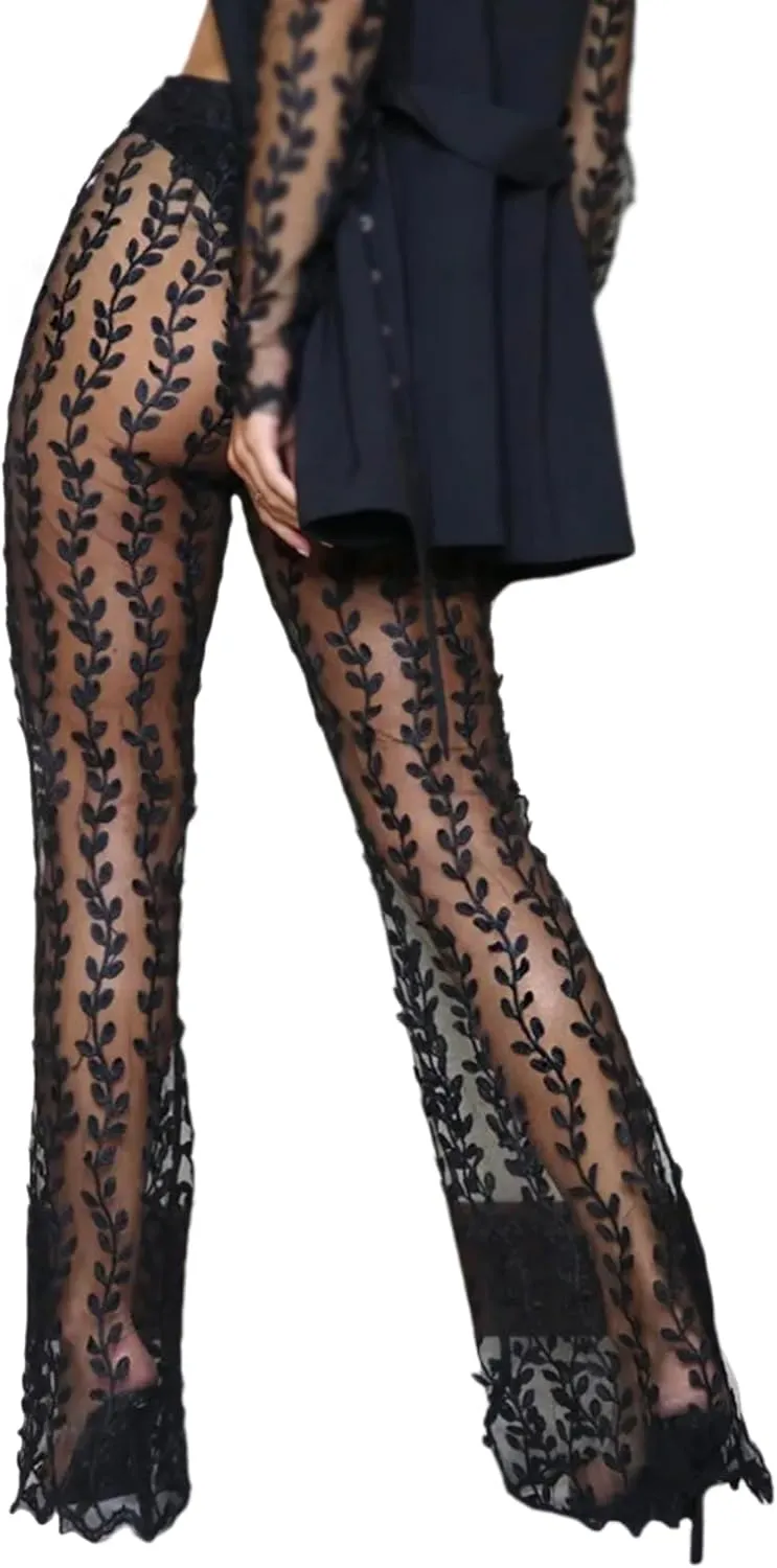 Women's Sexy See Through Sheer Mesh Pants Lace Transparent Straight Wide Leg Pants