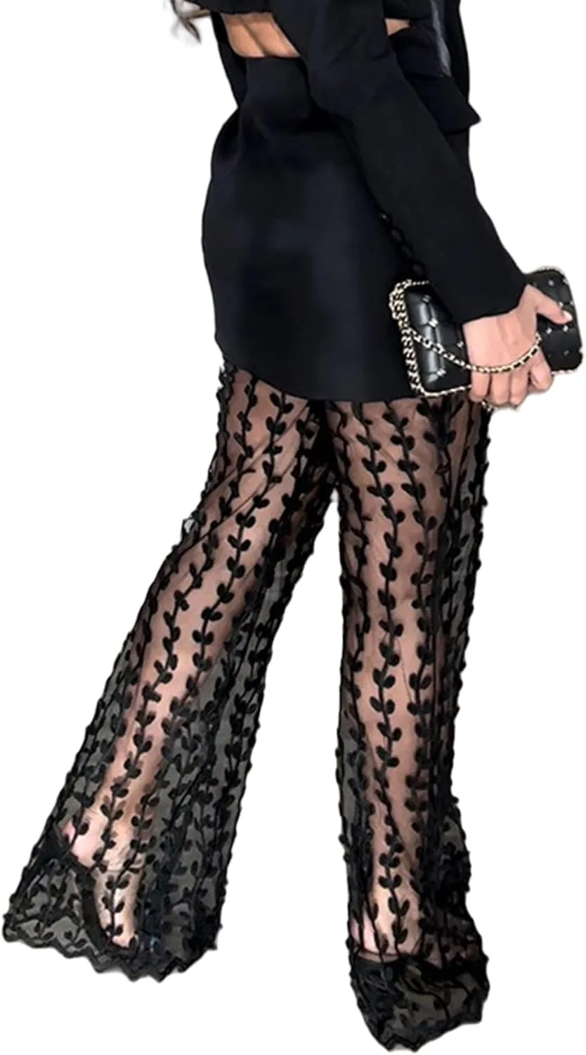 Women's Sexy See Through Sheer Mesh Pants Lace Transparent Straight Wide Leg Pants
