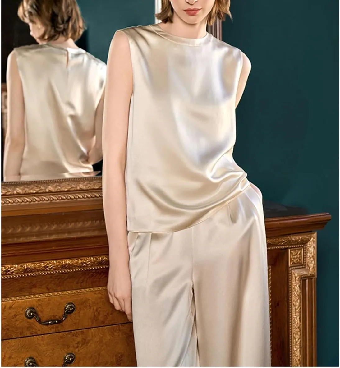 Women's Silk Wide Leg Set - Mulberry Sleeveless T-Shirt Pants Ensemble