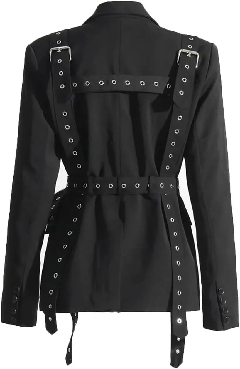 Women's Slimming Blazer Patchwork Belt Spliced Pockets Lapel Long Sleeve Jacket Office Coat Workwear