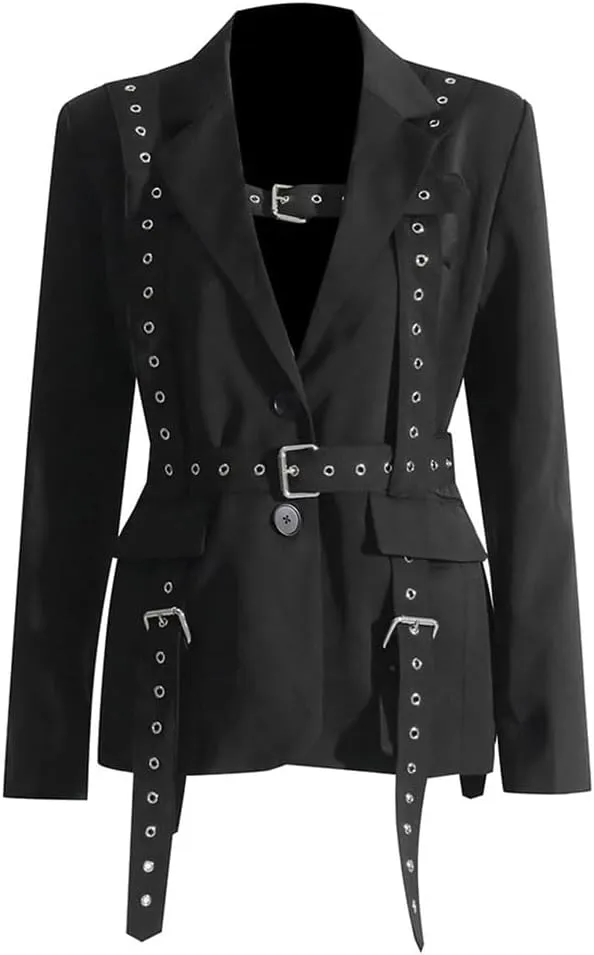 Women's Slimming Blazer Patchwork Belt Spliced Pockets Lapel Long Sleeve Jacket Office Coat Workwear