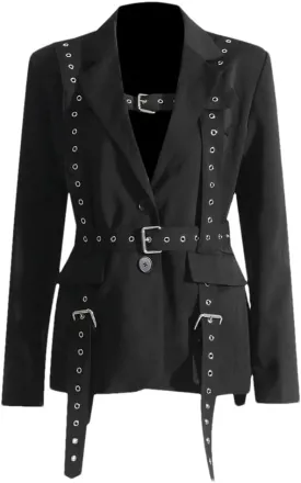 Women's Slimming Blazer Patchwork Belt Spliced Pockets Lapel Long Sleeve Jacket Office Coat Workwear