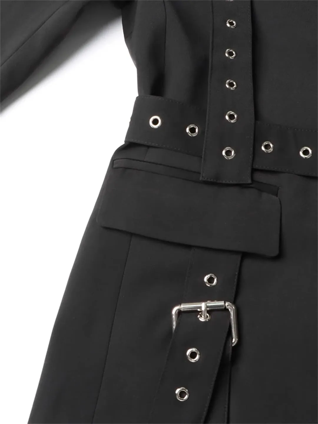 Women's Slimming Blazer Patchwork Belt Spliced Pockets Lapel Long Sleeve Jacket Office Coat Workwear