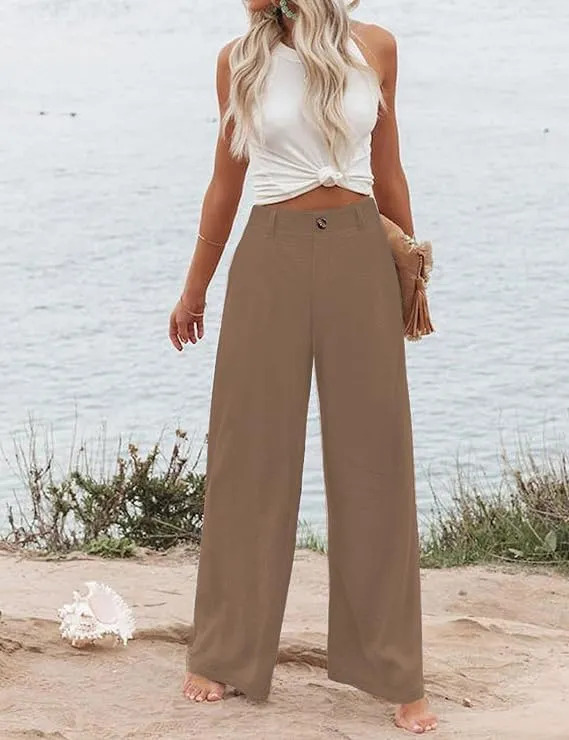 Women's Wide Leg Casual Long Pants High Elastic Waisted in The Back Business Offices Trousers Straight Pants with Pocket