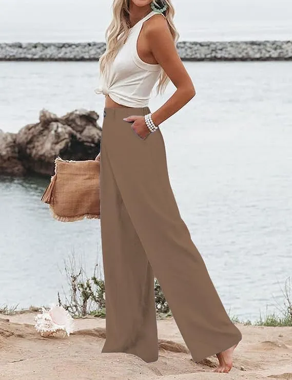 Women's Wide Leg Casual Long Pants High Elastic Waisted in The Back Business Offices Trousers Straight Pants with Pocket