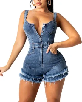 xxxiticat Women's Sleeveless Denim Rompers Front Button Bodycon Layered Tassel Fringe Hem One Piece Jeans Jumpsuit