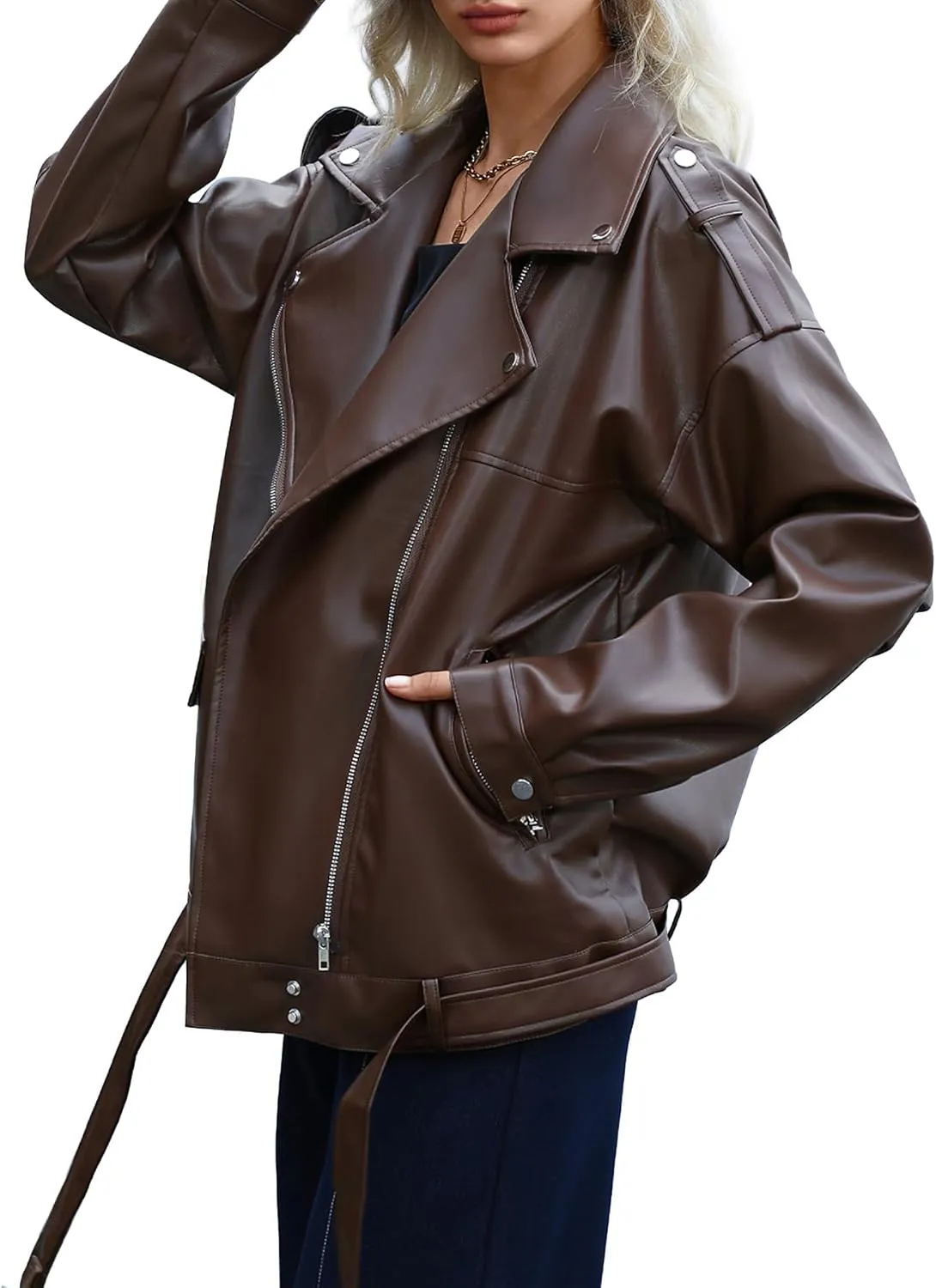 Zando Leather Jacket Women Oversized Motorcycle Biker Jacket Women Outfits Clothes for Women Bomber Jacket Faux Fall Fashion