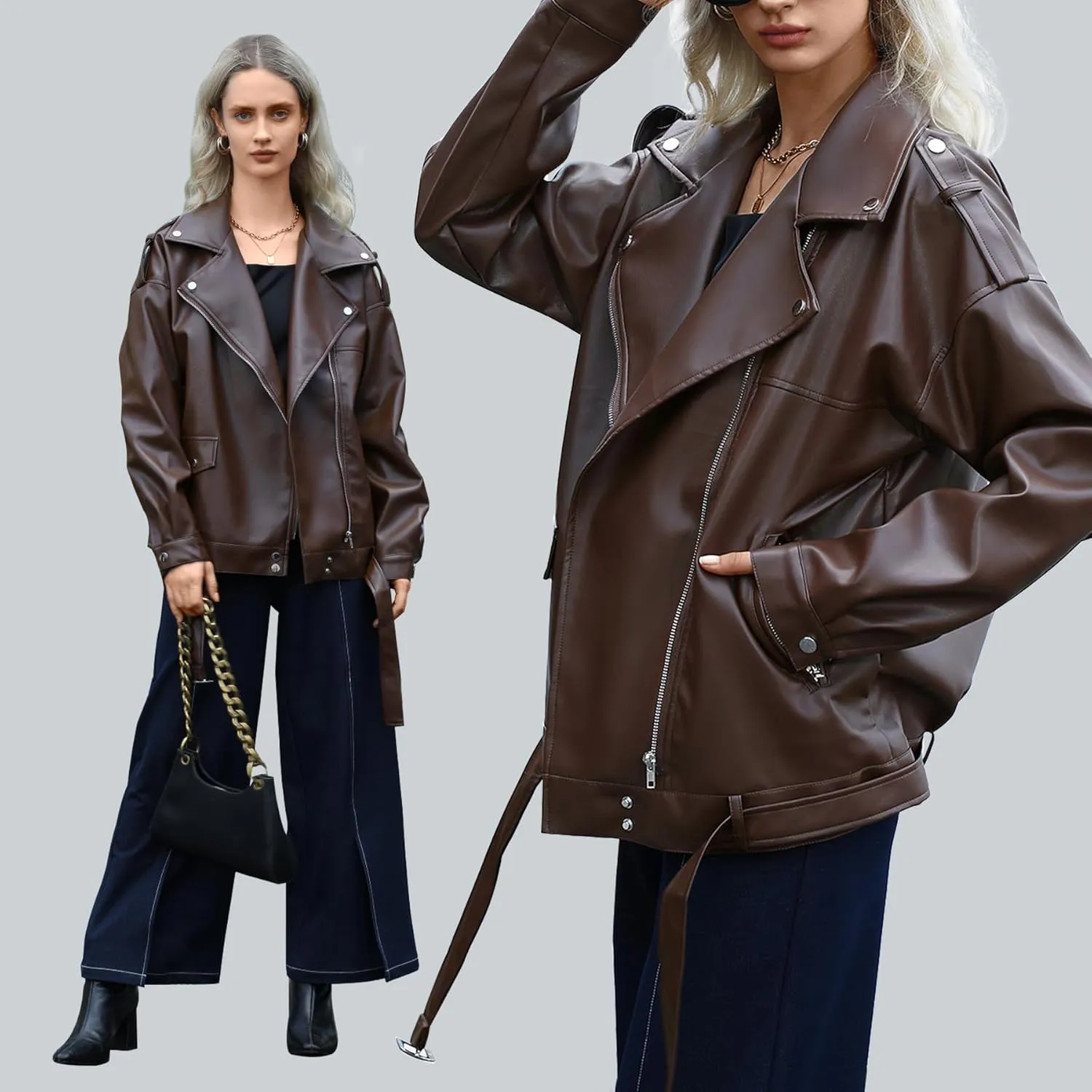 Zando Leather Jacket Women Oversized Motorcycle Biker Jacket Women Outfits Clothes for Women Bomber Jacket Faux Fall Fashion